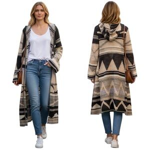 Free People Lima Blanket Knit Duster Cardigan Boho Aztec Hooded Long Sweater S